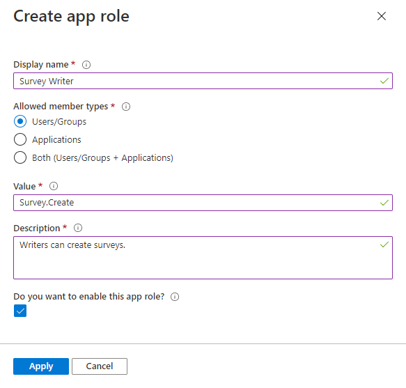 Role aplikace registrace aplikace vytvářejí kontextové podokno na webu Azure Portal.