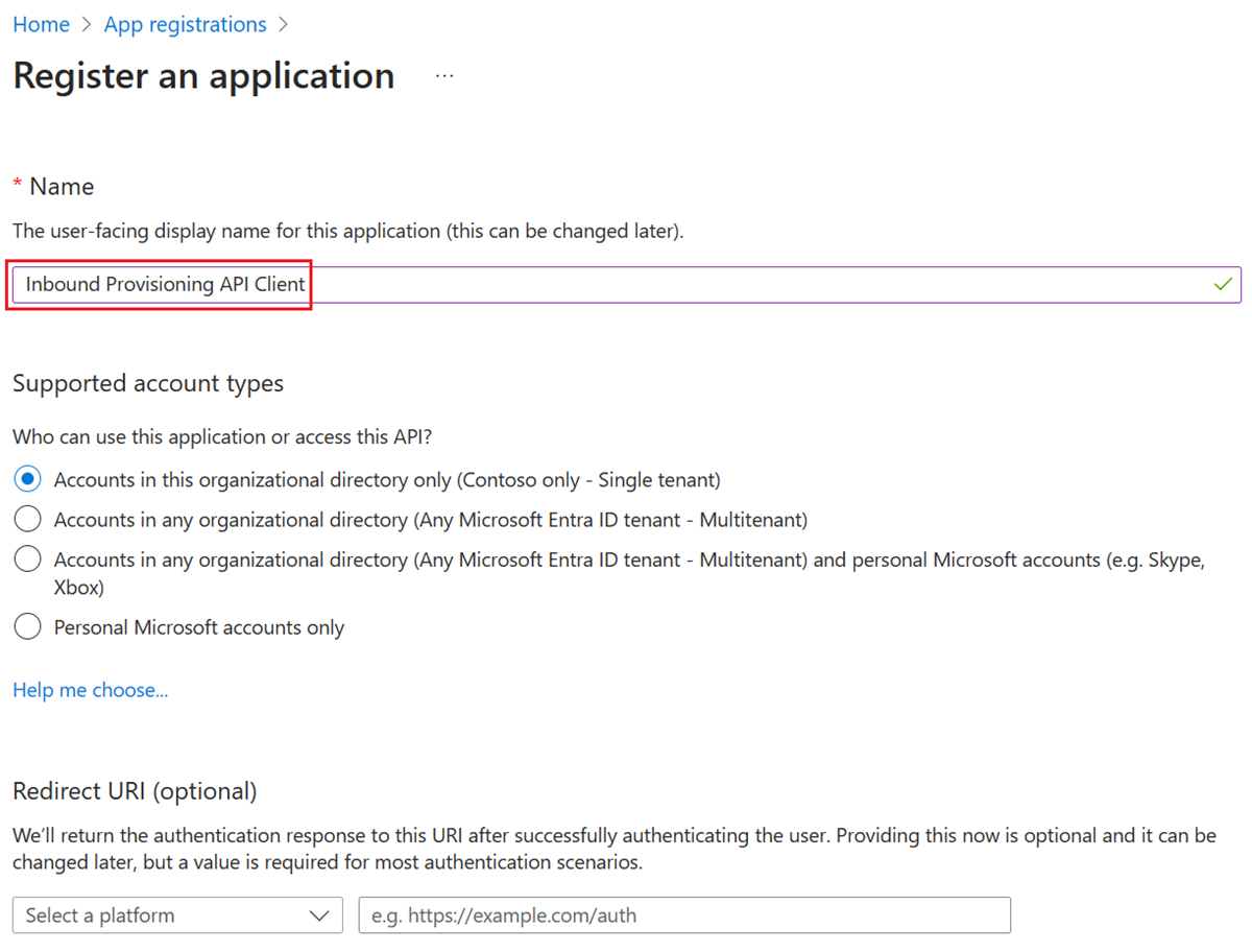 Screenshot of app registration.