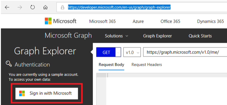Snímek obrazovky s přihlášením k Microsoft Graph Exploreru