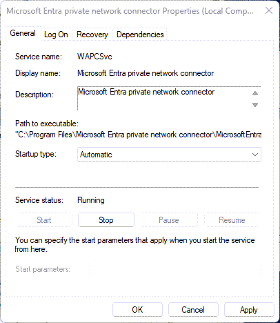 Snímek obrazovky s konektorem privátní sítě Microsoft Entra okno Vlastnosti