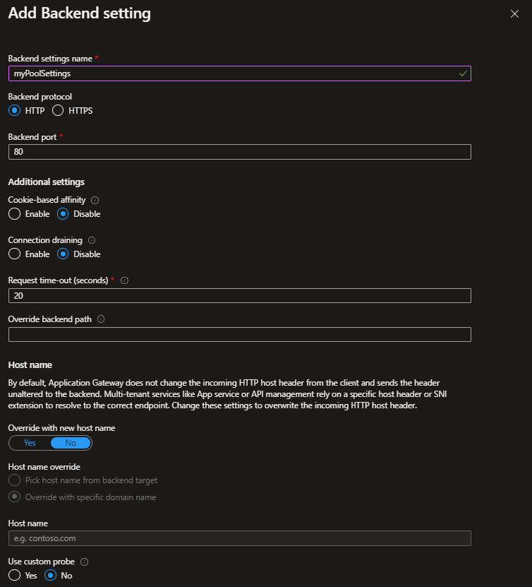 Snímek obrazovky s nastavením back-endu služby Application Gateway