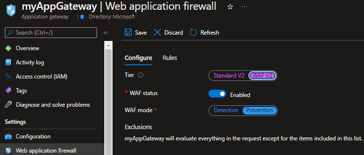 Snímek obrazovky s povolením waf ve službě Application Gateway