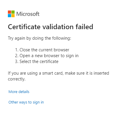 Snímek obrazovky s chybou ověření certifikátu