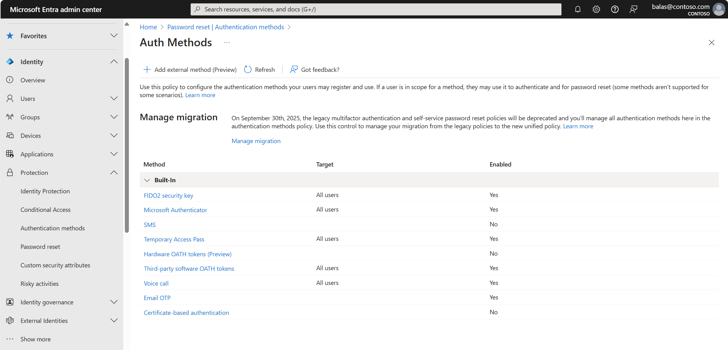 Snímek obrazovky se zásadami metod ověřování pro ID Microsoft Entra