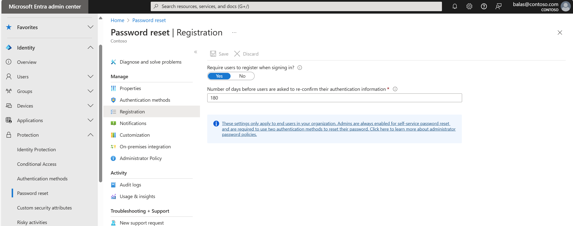 Snímek obrazovky s registrací resetování hesla pro MICROSOFT Entra ID