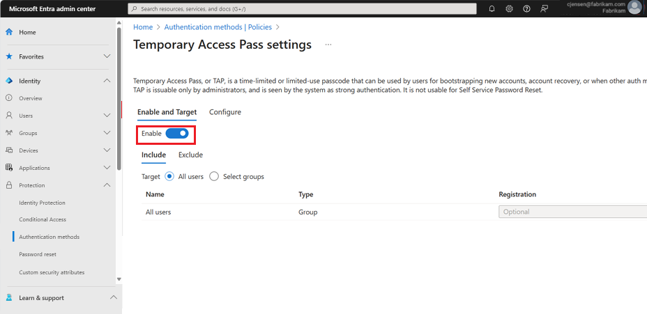 Screenshot of how to enable the Temporary Access Pass authentication method policy.