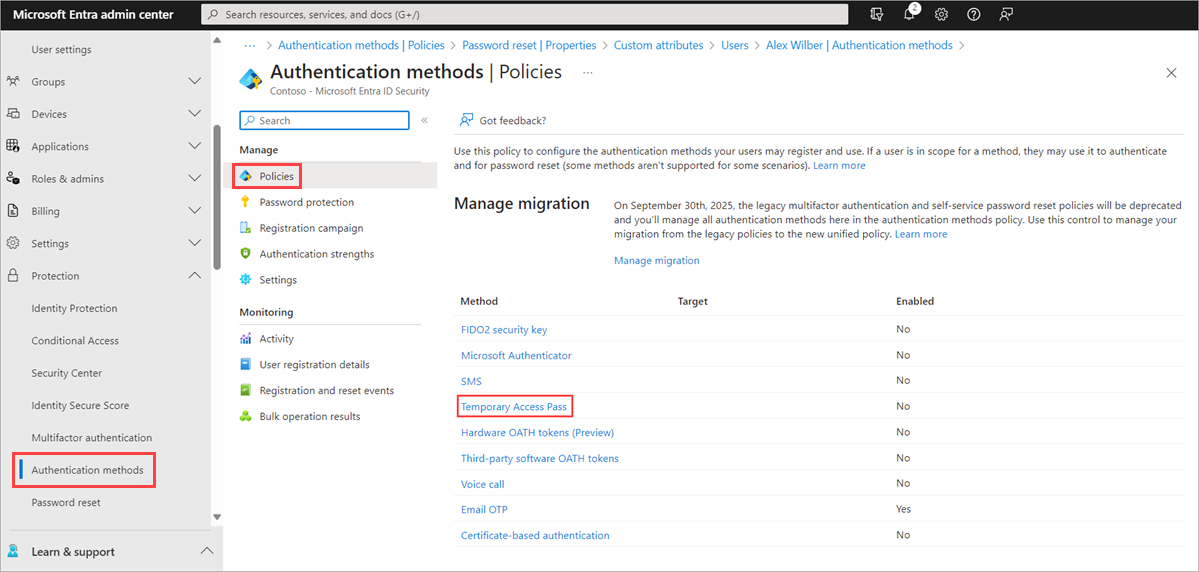Screenshot of how to manage Temporary Access Pass within the authentication method policy experience.