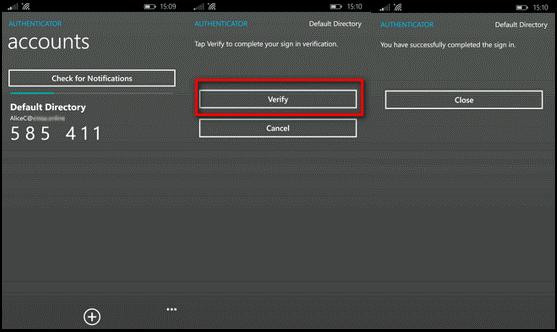 Příklad aplikace Windows Telefon Authenticator zobrazující ověření