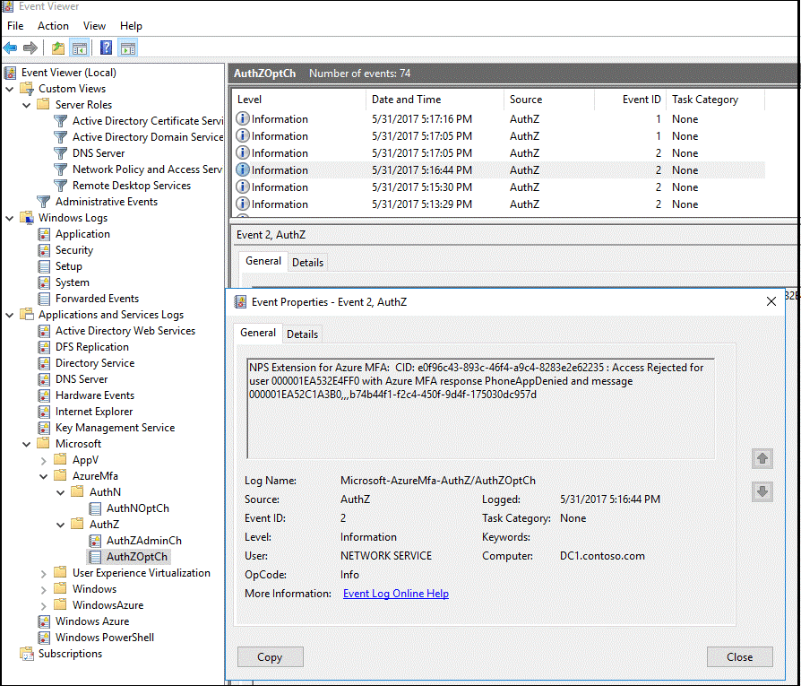 Ukázkový protokol vícefaktorového ověřování Microsoft Entra v Prohlížeč událostí