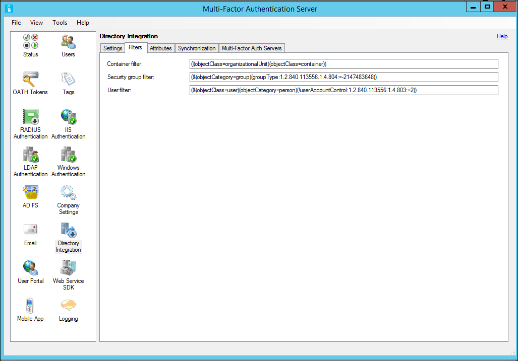 Konfigurace filtrování adresářů na MFA Serveru