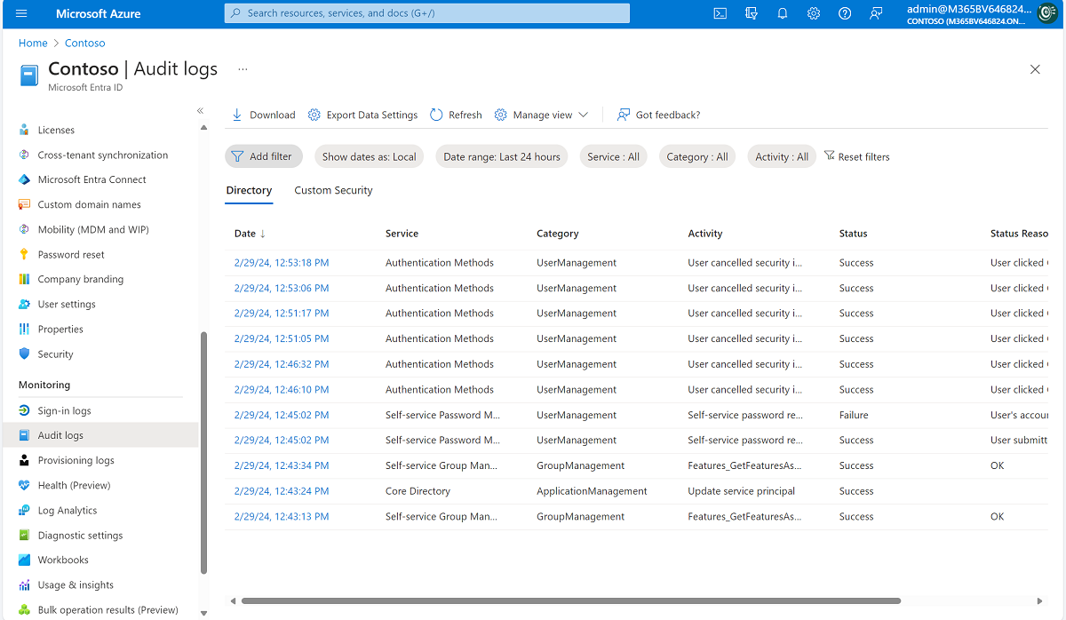 Rozhraní protokolů auditu Microsoft Entra zobrazující události registrace