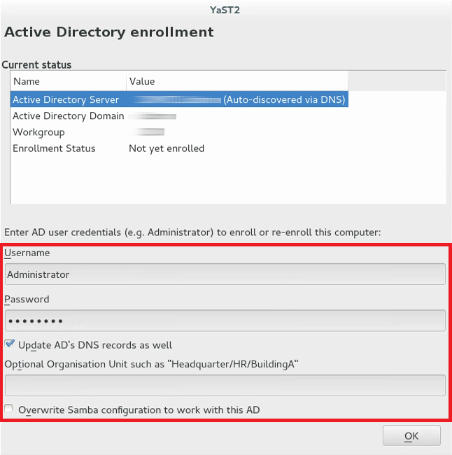 Příklad snímku obrazovky s oknem registrace služby Active Directory v YaST