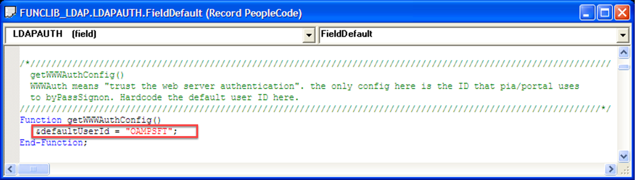 Snímek obrazovky s výchozí hodnotou ID uživatele se rovná hodnotě OAMPSFT v části Funkce