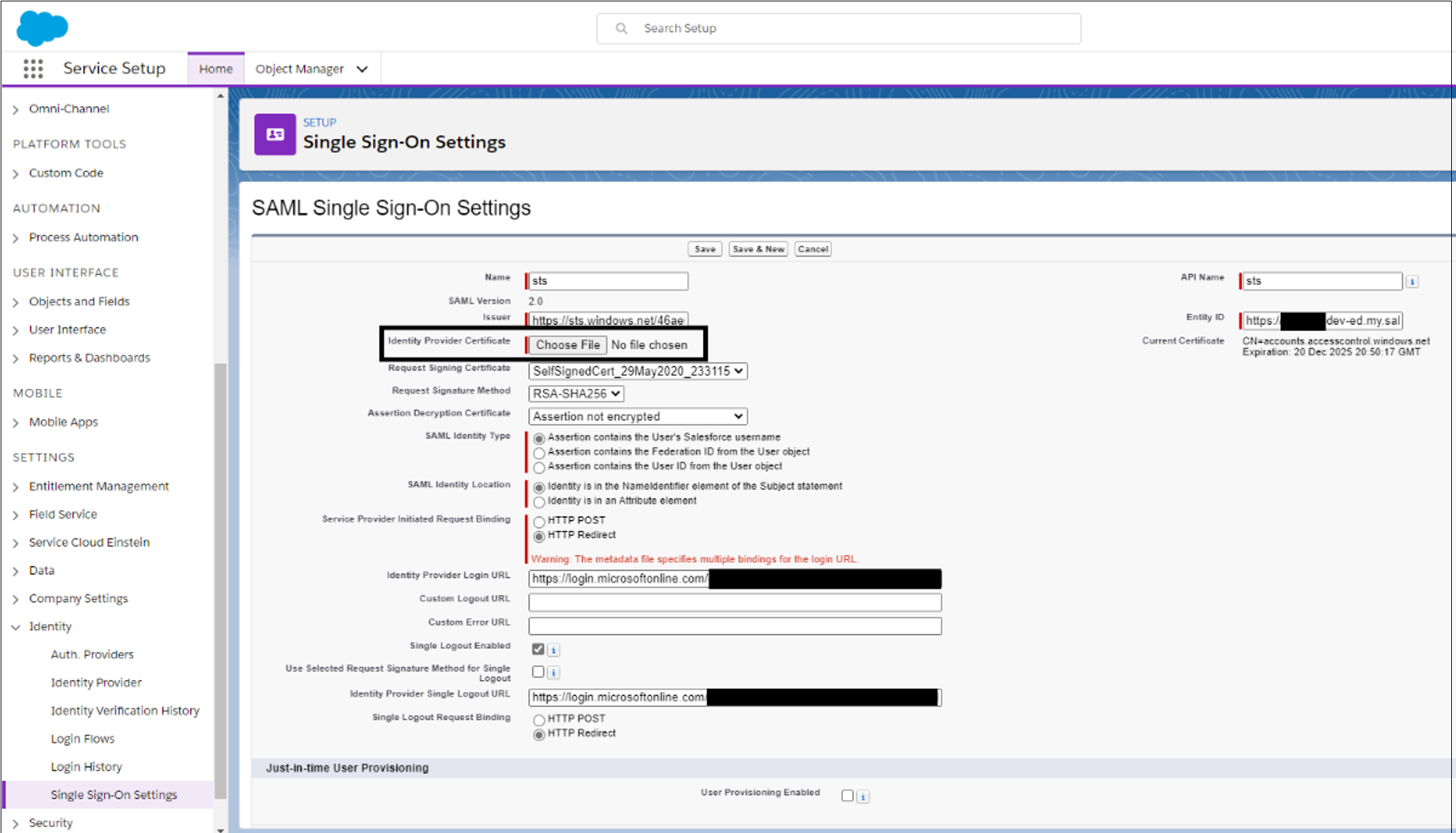 Snímek obrazovky s položkou certifikátu zprostředkovatele identity v Jednotné přihlašování SAML
