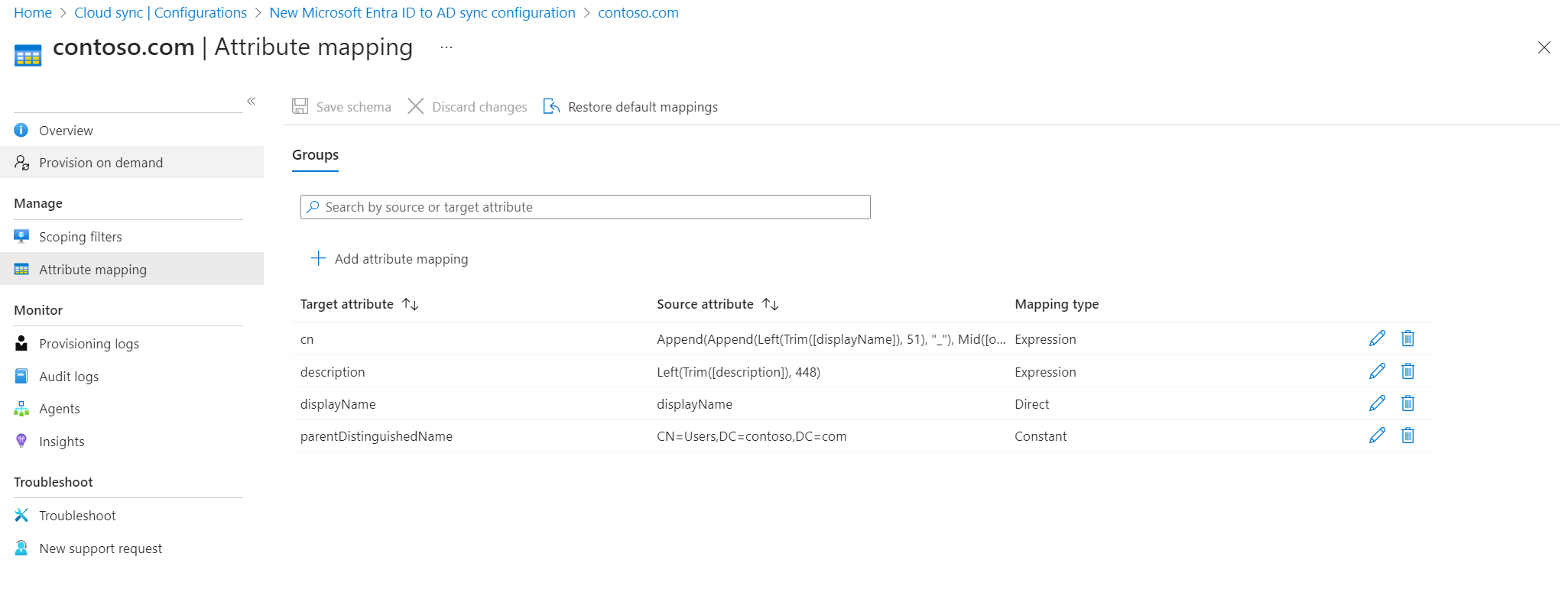 Snímek obrazovky s přidáním mapování atributů pro ID Microsoft Entra do služby Active Directory