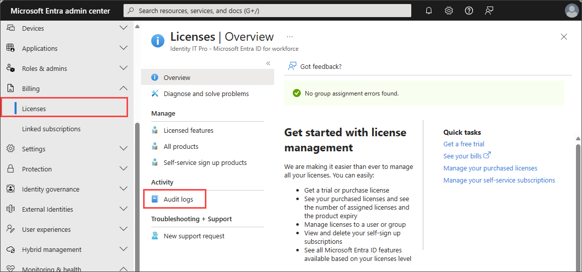 Snímek obrazovky s oblastí licencí v Microsoft Entra ID se zvýrazněnou možností Protokoly auditu