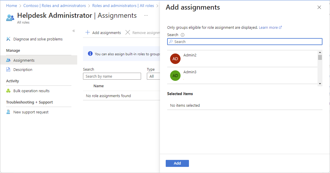 Screenshot of Add assignments pane to assign role to users or groups.