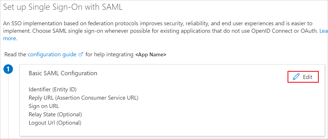 Screenshot of Set up Single Sign-On with SAML, with pencil icon highlighted.