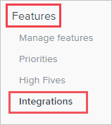 Snímek obrazovky s konzolou pro správu 15Five Integrace se zobrazí v nabídce Funkce a zvýrazní se funkce i integrace.