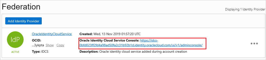 Adresa URL Snímek obrazovky znázorňující adresu URL Oracle