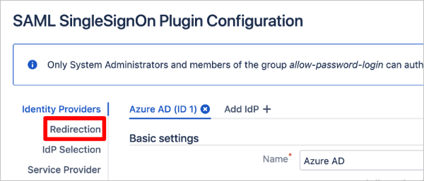 Částečný snímek obrazovky se stránkou Konfigurace modulu plug-in Jira SAML SingleSignOn se zvýrazněným odkazem Přesměrování v levém navigačním panelu