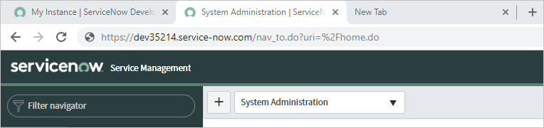 Snímek obrazovky znázorňující instanci ServiceNow