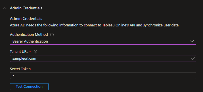 Snímek obrazovky s přihlašovacími údaji Správa v Cloudu Tableau