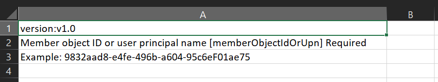 Snímek obrazovky znázorňující soubor CSV obsahuje názvy a ID členů, které se mají importovat