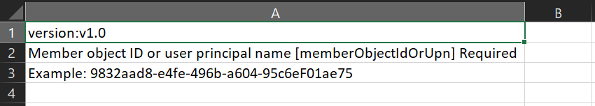 Snímek obrazovky znázorňující soubor CSV obsahuje názvy a ID členů skupiny, které chcete odebrat
