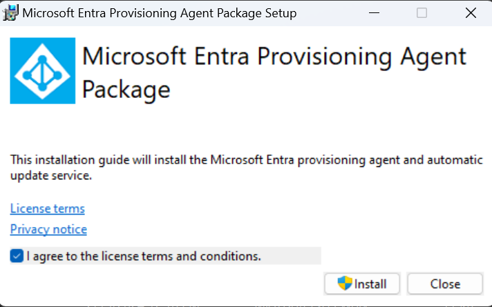 Snímek obrazovky znázorňující úvodní obrazovku balíčku agenta zřizování Microsoft Entra Připojení