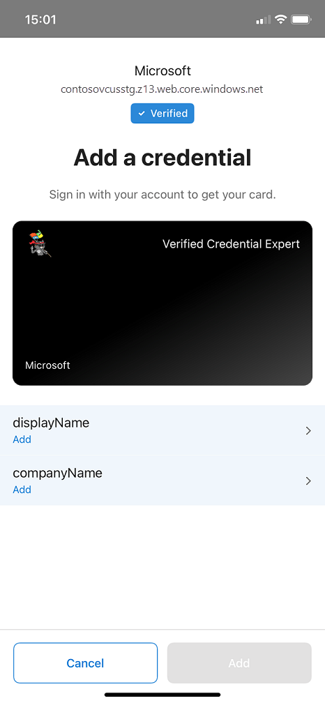 Snímek obrazovky se vstupem deklarací identity s vlastním uživatelem