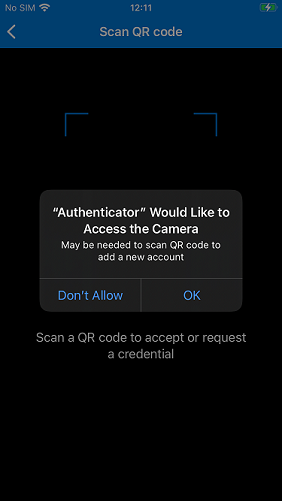 Snímek obrazovky s dialogovým oknem oprávnění fotoaparátu zařízení s žádostí o přístup k fotoaparátu microsoft Authenticatoru s tlačítkem OK