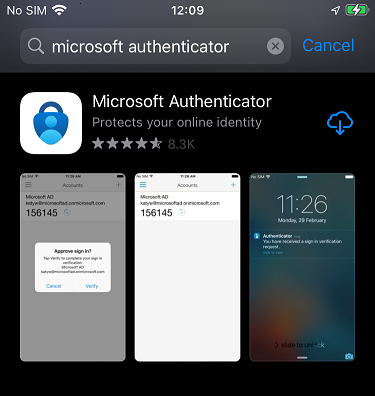 Snímek obrazovky s výsledky hledání v Apple App Storu zobrazující aplikaci Microsoft Authenticator s tlačítkem nainstalovat