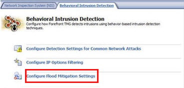 Snímek obrazovky s kartou Behavioral Intrusion Detection (Detekce neoprávněných vniknutí) zvýrazněnou možností Configure Flood Mitigation Settings (Konfigurovat nastavení omezení rizik povodní)