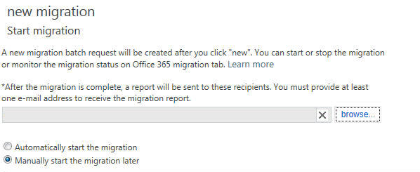 Snímek obrazovky se stránkou Zahájit migraci pro fázovanou migraci