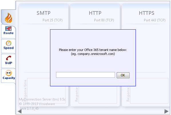 Snímek obrazovky se zadáním názvu tenanta Microsoftu 365 v nástroji Microsoft 365 Network Analysis