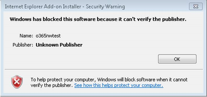 Snímek obrazovky s upozorněním zabezpečení, které se zobrazí po instalaci