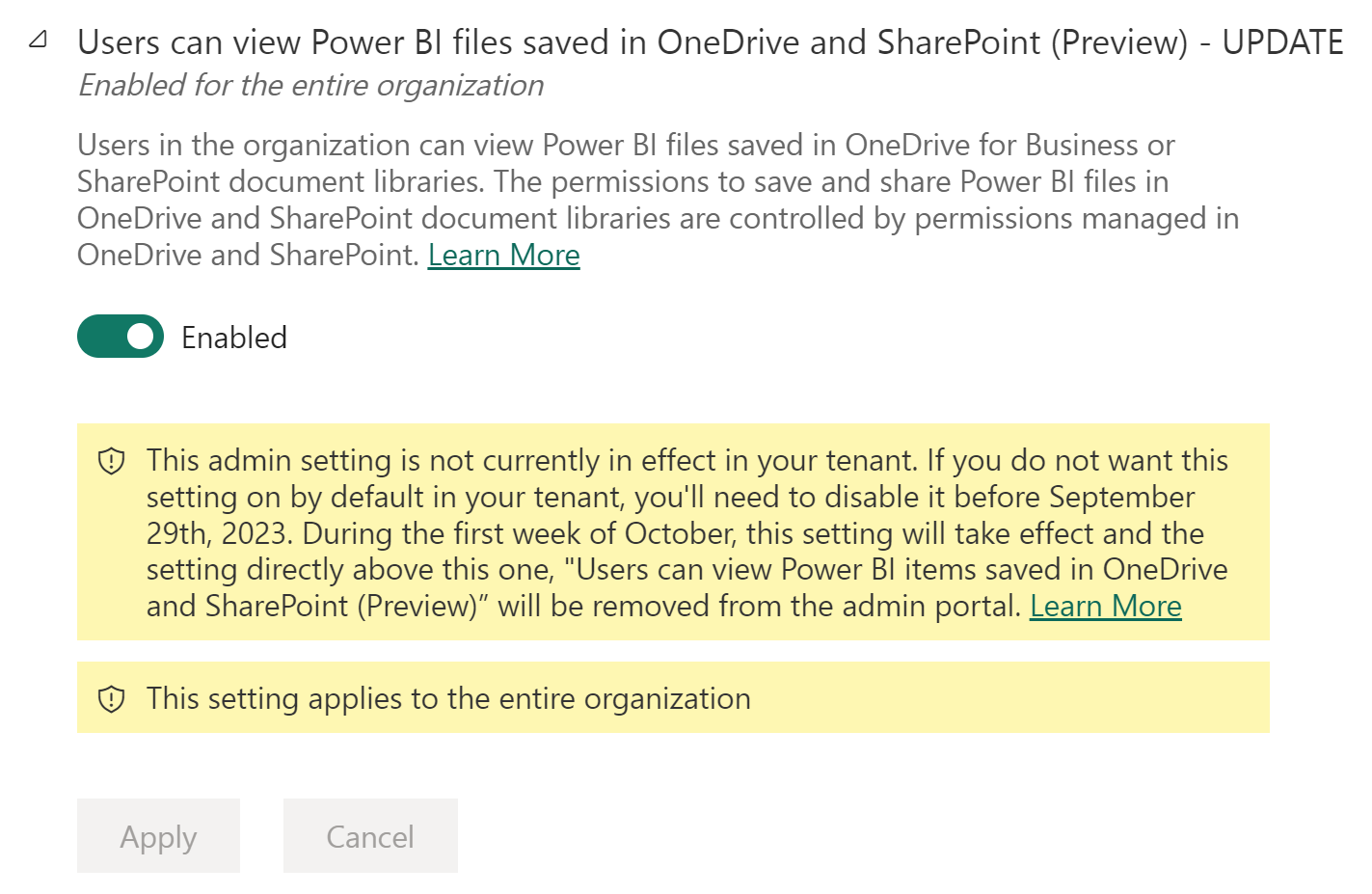 Snímek obrazovky s nastavením správce s názvem Uživatelé můžou zobrazit soubory Power BI uložené na OneDrivu a SharePointu (Preview)