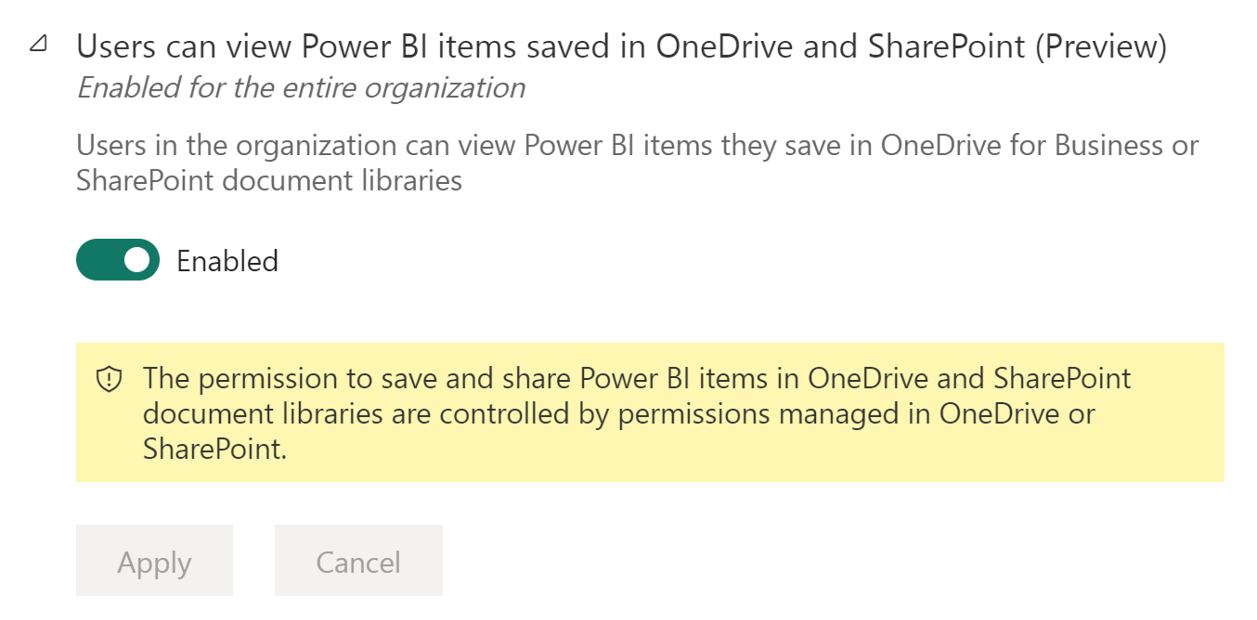 Snímek obrazovky s nastavením správce s názvem: Uživatelé můžou zobrazit položky Power BI uložené na OneDrivu a SharePointu.