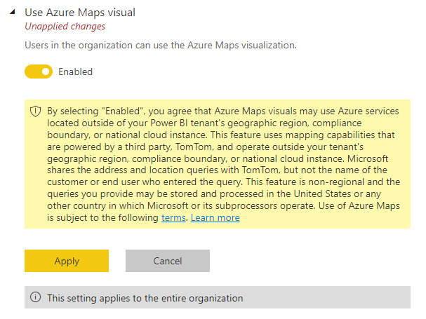 Snímek obrazovky s nastavením Použít Azure Maps správce vizuálu