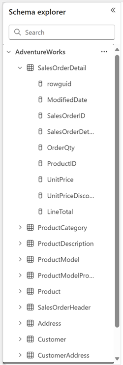 Snímek obrazovky s podoknem Průzkumníka schématu zobrazující rozbalený seznam typů dostupných v ukázkovém zdroji dat s názvem SalesOrderDetail