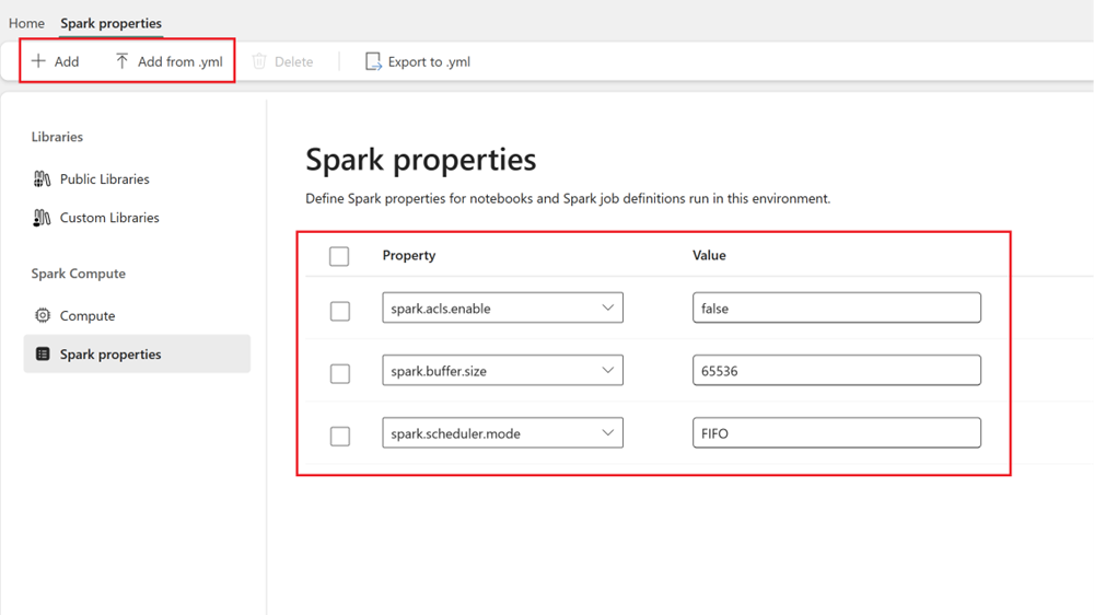 Screenshot showing Spark configurations.