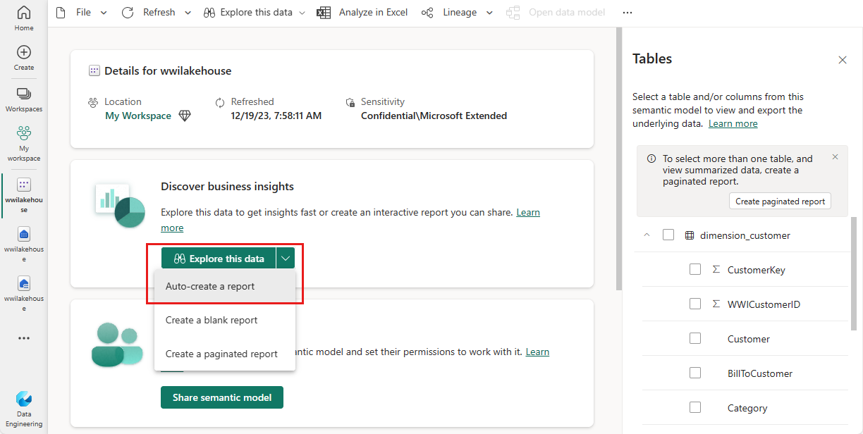 Screenshot of the semantic model details page, showing where to select Create a report.