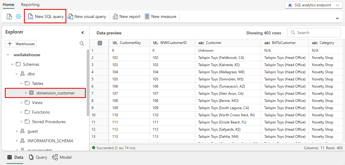 Screenshot of the SQL analytics endpoint screen, showing where to select New SQL query.