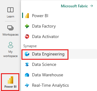 Screenshot showing where to select the experience switcher and Data Engineering.
