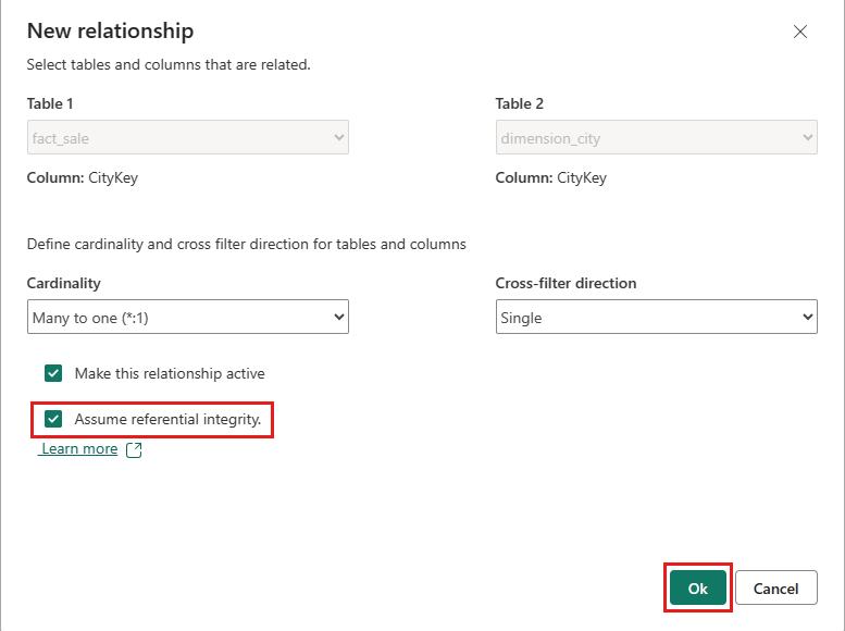 Screenshot of the New relationship dialog box, showing where to select Assume referential integrity.