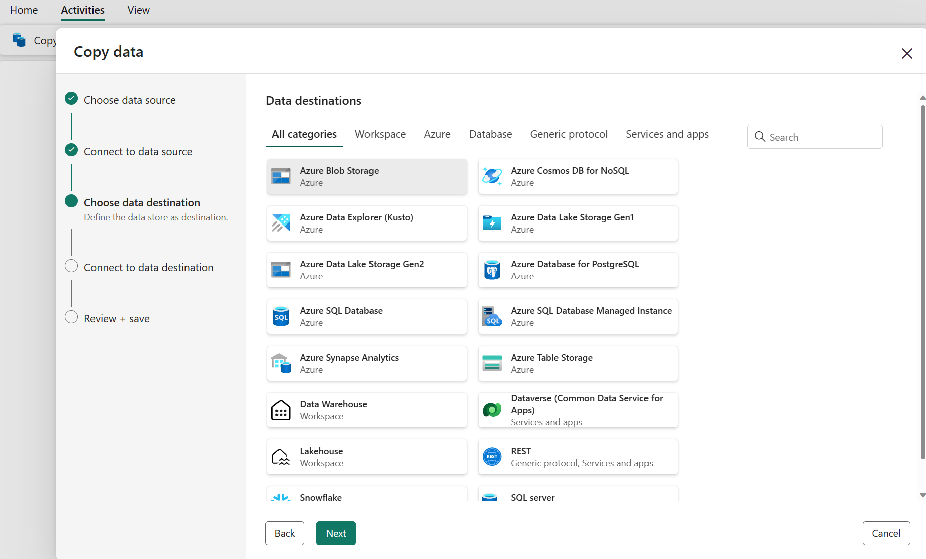 Snímek obrazovky znázorňující, jak vybrat Azure Blob Storage
