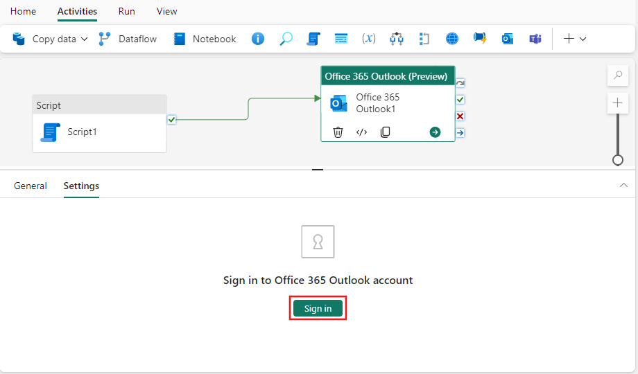 Snímek obrazovky znázorňující kartu Nastavení aktivity Office 365 Outlooku (Preview) s výzvou Přihlásit se k Outlooku