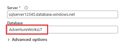 Screenshot showing how to connect to an Azure SQL database.