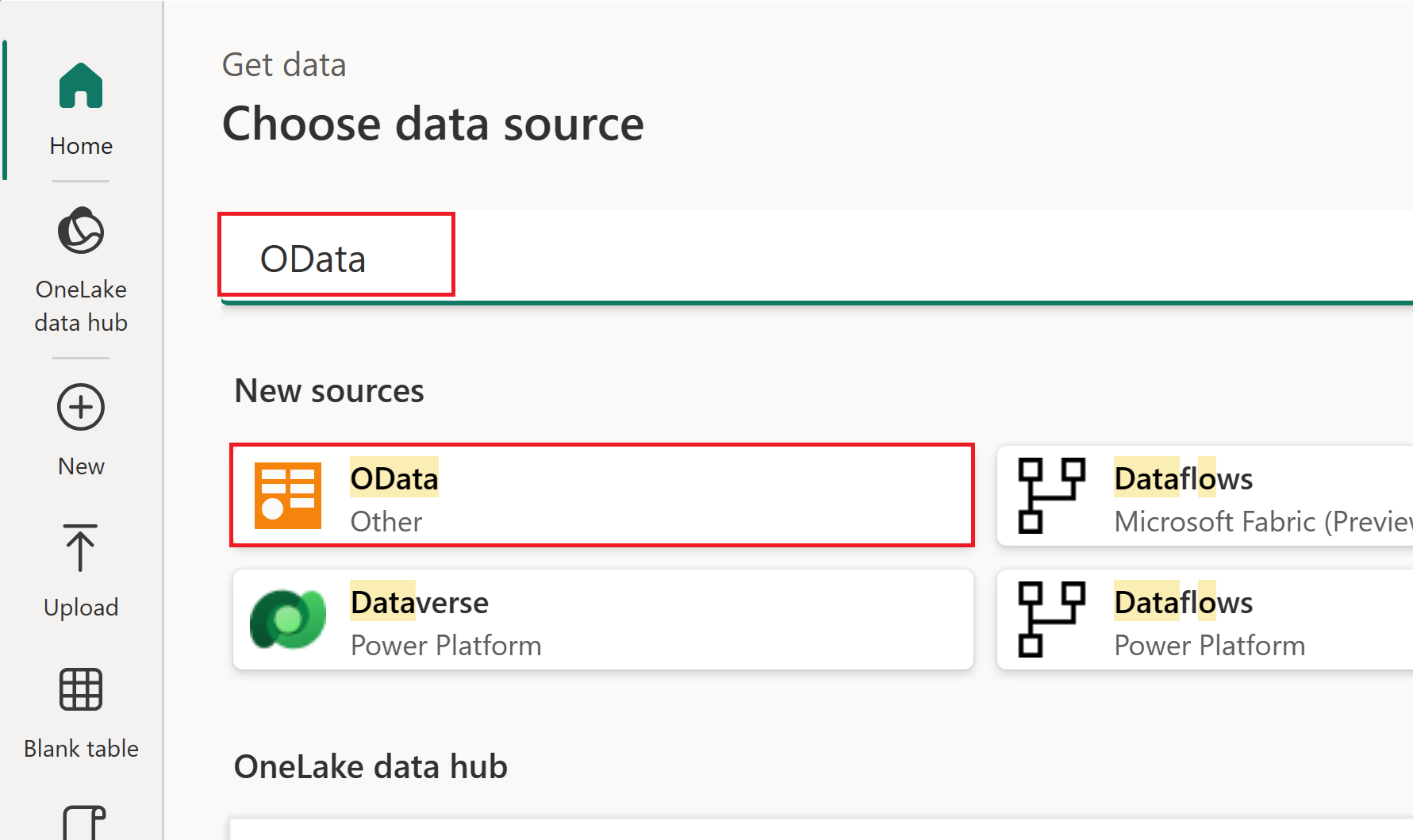 Snímek obrazovky s nabídkou Získat data se zvýrazněnou funkcí OData